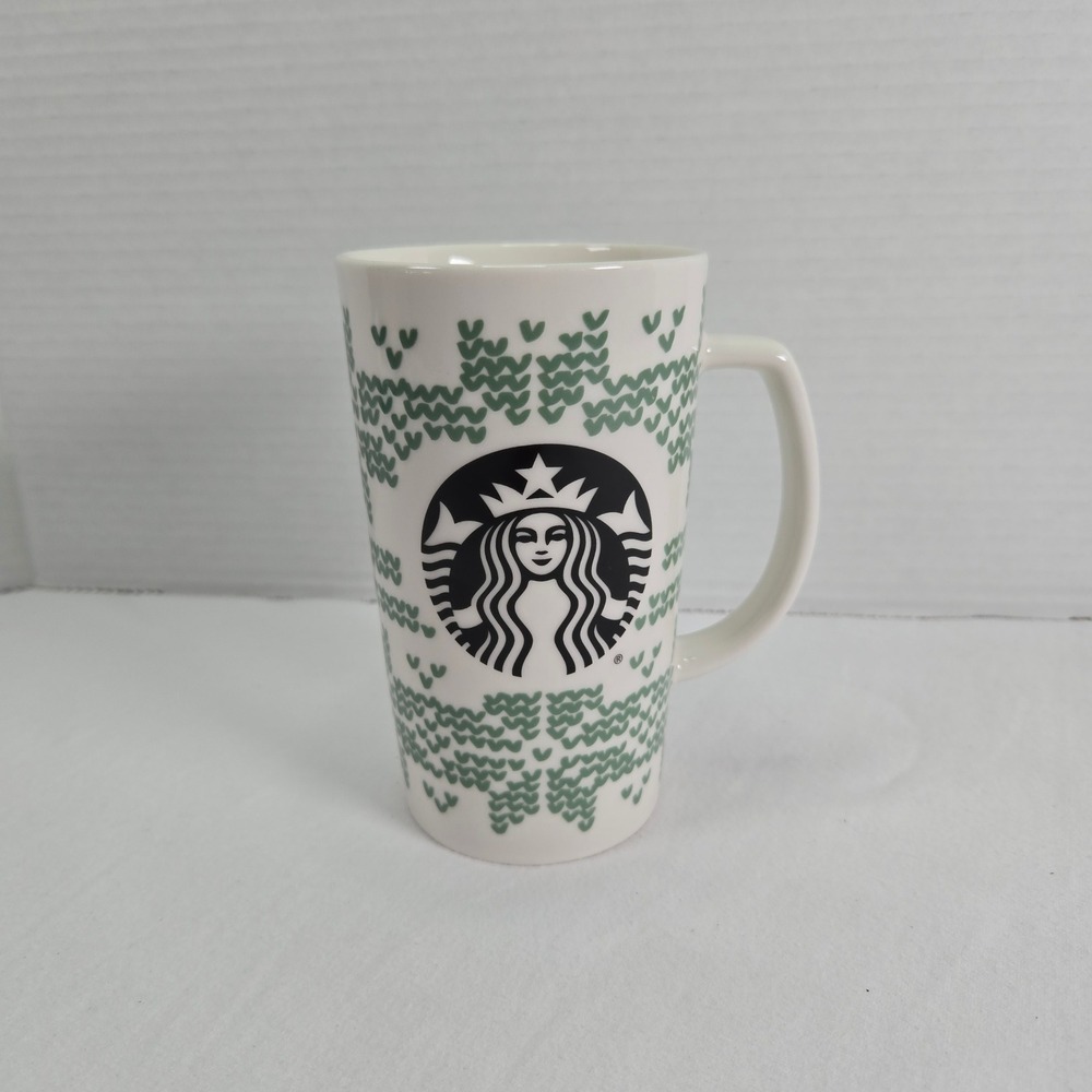 Starbucks Coffee Mug‎ White Green Sweater Knit Tall Latte 16 fl oz 2016